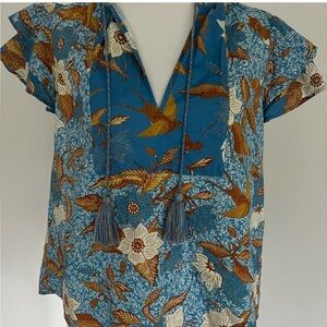 Ulla Johnson Jules Floral Blue and Tan Women's Top
